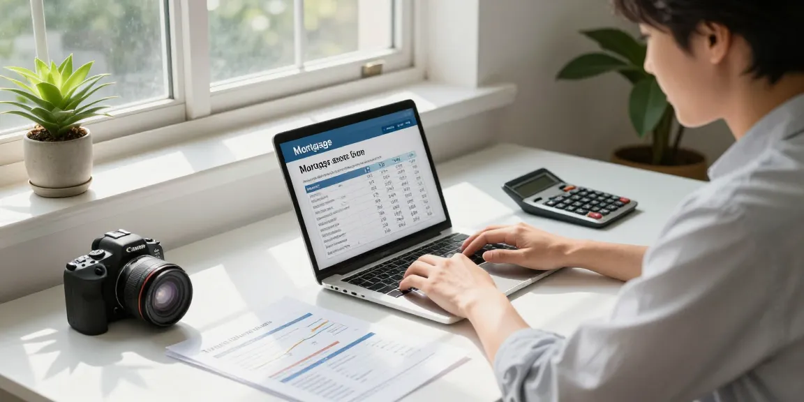 Using a calculadora hipoteca in a home office to analyze mortgage options with financial documents and a laptop.