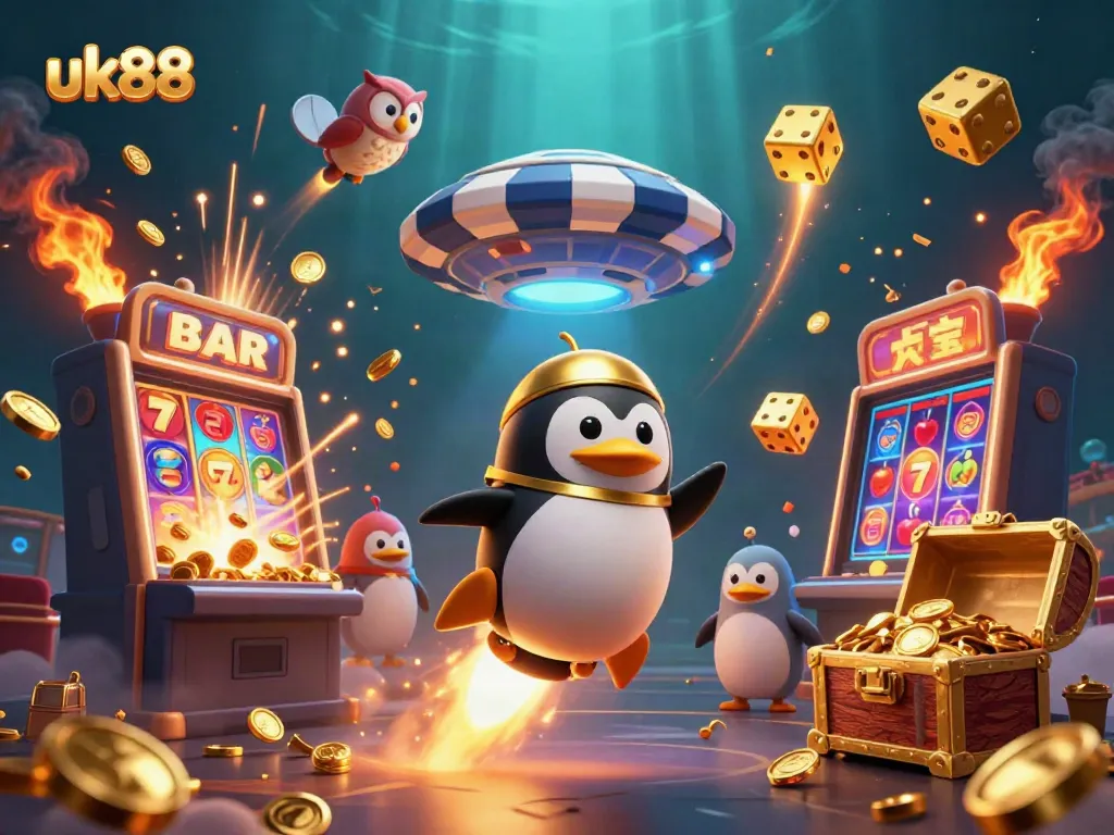Experience thrilling gaming at UK88 with a golden penguin blasting through a vibrant casino universe.