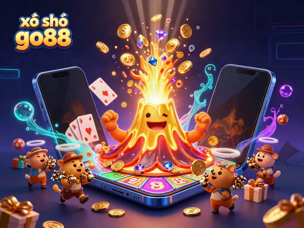 Engage in xổ số go88 with a vibrant scene of a golden volcano, coins, and lottery elements.