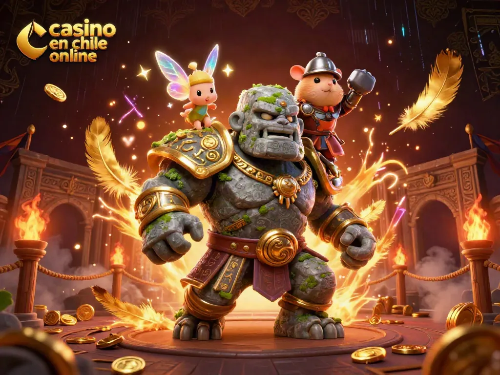 Disfruta un emocionante casino en Chile online con un golem guardián, un hada y un caballero, rodeados de monedas y efectos mágicos.