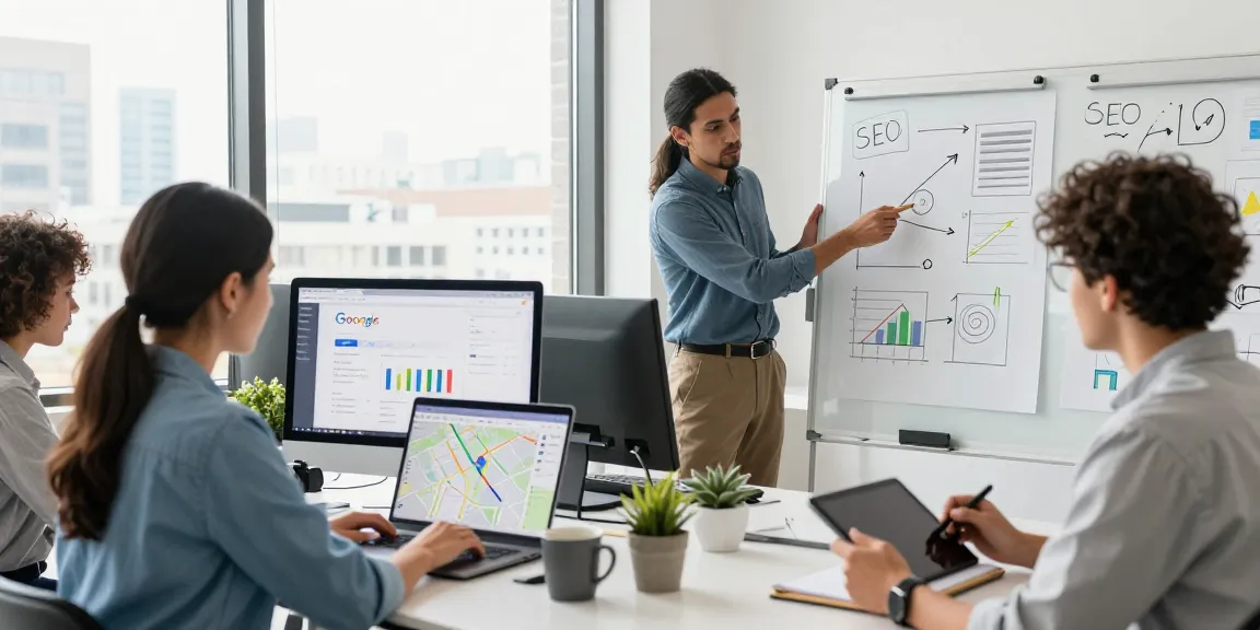 Servicios SEO locales ayudando a un equipo digital en estrategias de marketing en oficina moderna.