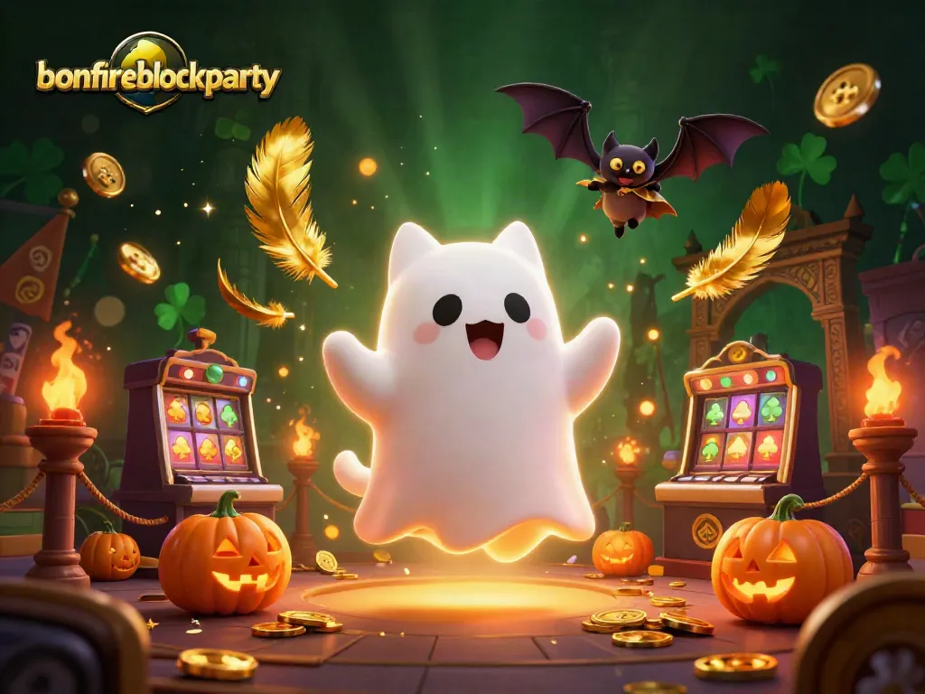 Bonfire Block Party highlights engaging casino activities with a playful ghost cat and bat companions.