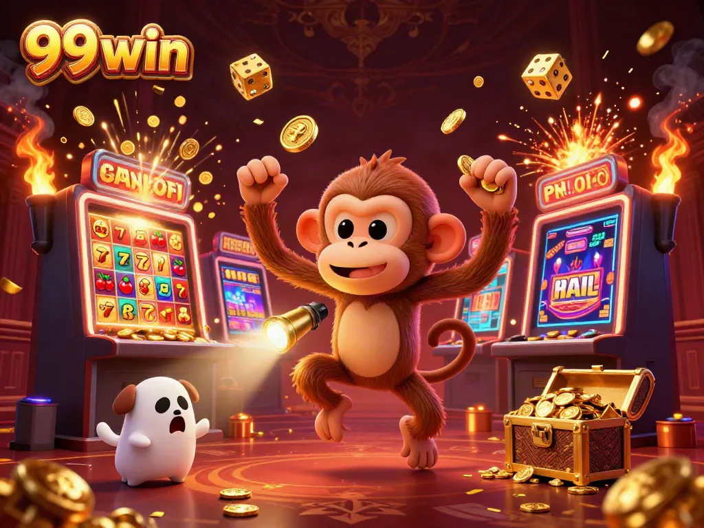 Experience the thrill at 99 win with an enchanting scene featuring a playful monkey juggling casino treasures.