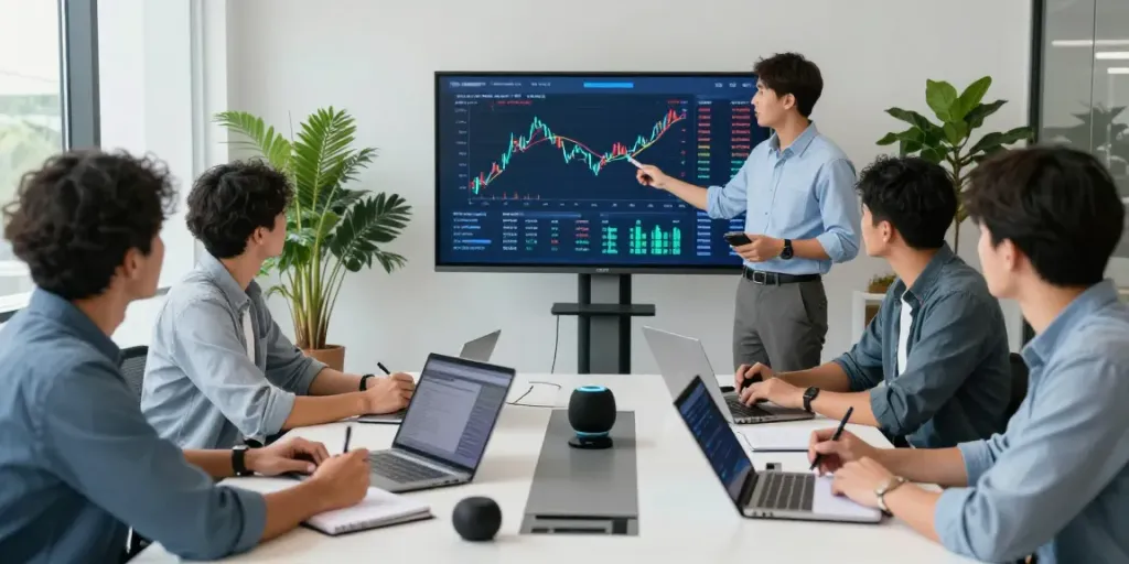 Colaboración en el espacio de trabajo de Phuwerte Inwersowia, equipo analizando datos de trading de criptomonedas.
