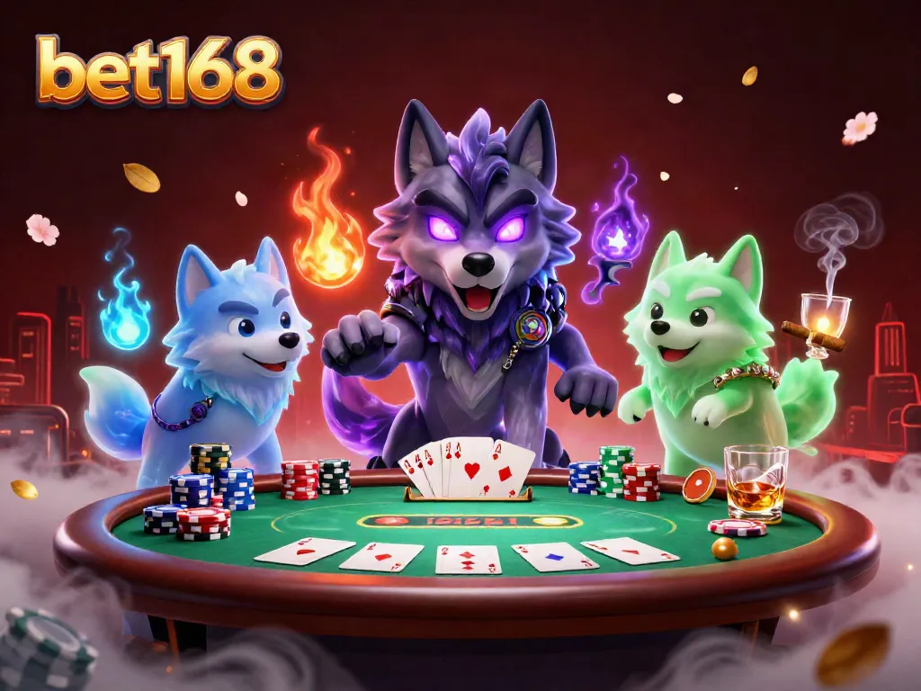 Bet168 poker scene with ghostly wolves, poker table and dynamic game elements.