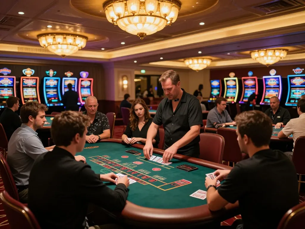 MM88 players placing bets at a bustling blackjack table, showcasing casino excitement
