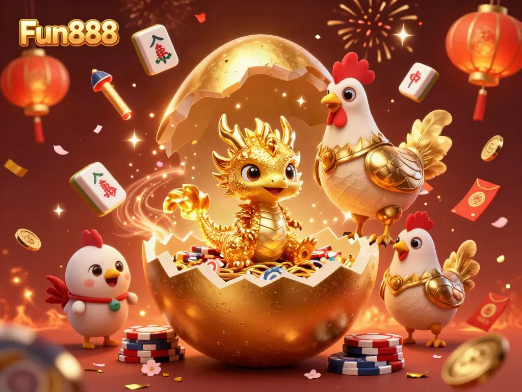 Experience thrilling Fun888 adventures with a golden dragon and poker chips in a festive casino scene.