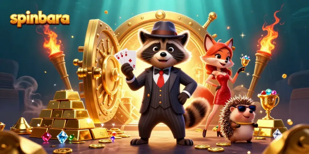 Win big at spinbara with the suave raccoon and stylish fox in a vibrant casino scene.