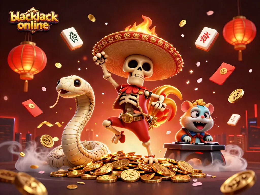 Juega blackjack online y gana en esta colorida escena con personajes divertidos y elementos de casino.