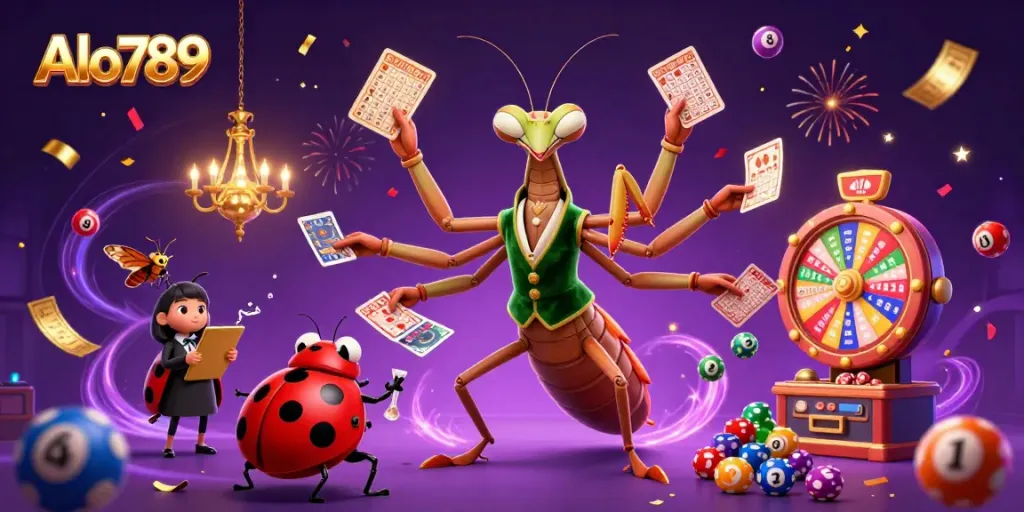 Experience the vibrant casino atmosphere with Alo789 as characters deal cards and celebrate amidst colorful lottery elements.