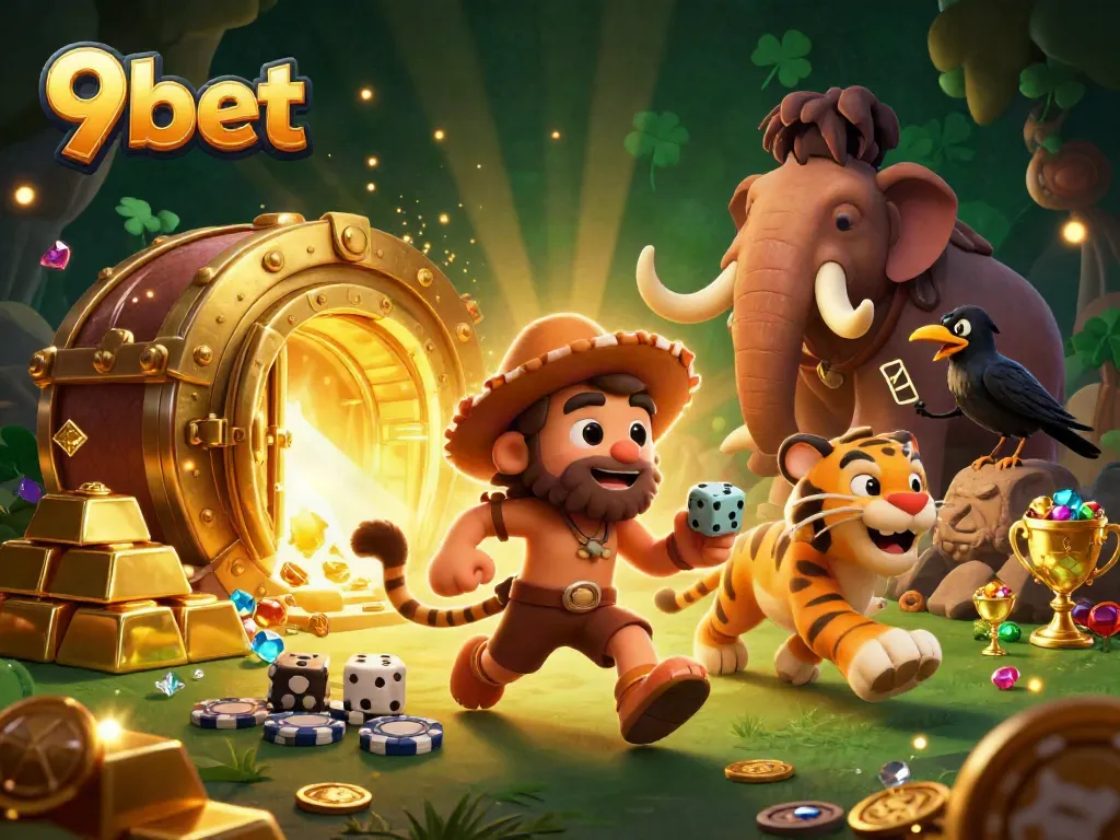 Experience thrilling gameplay at 9bet with a lively prehistoric casino scene featuring unique characters and treasures.