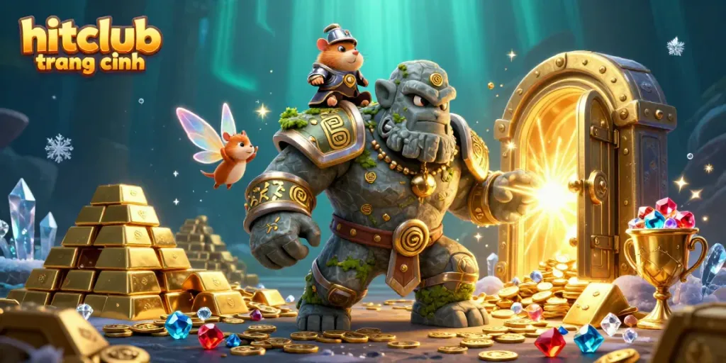 Experience thrilling wins at hitclub trang chính with magical golem and knight in a vibrant casino world.