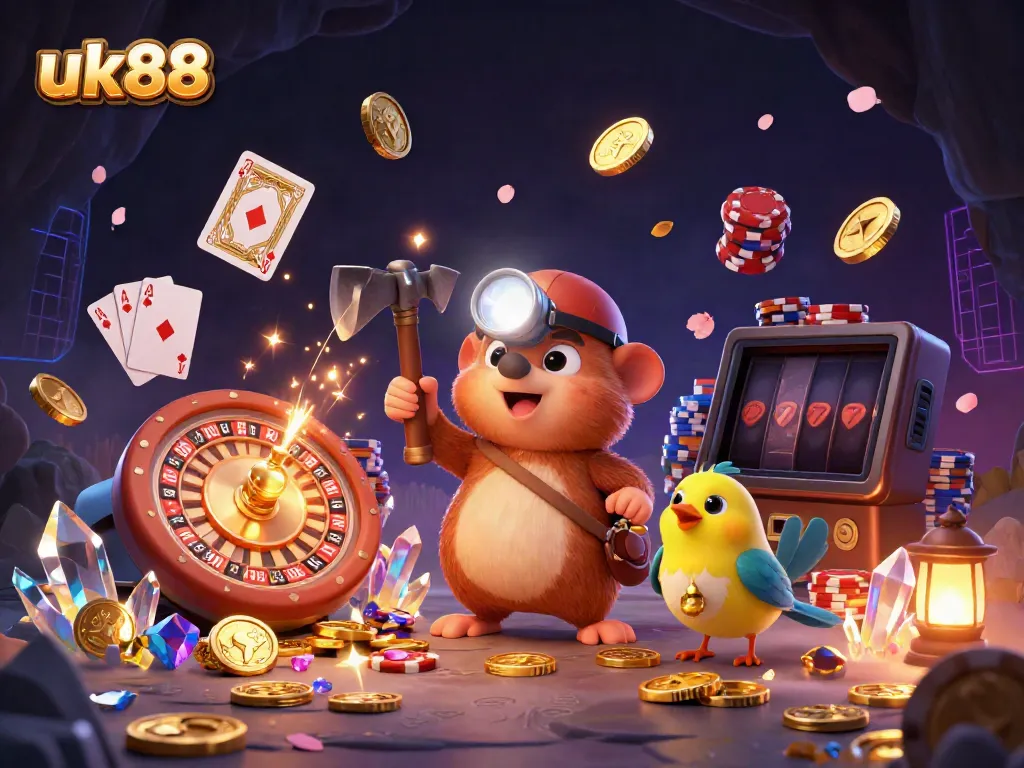Experience the excitement of uk88 with treasure hunter characters in a dazzling casino scene filled with glowing gems and dynamic game elements.