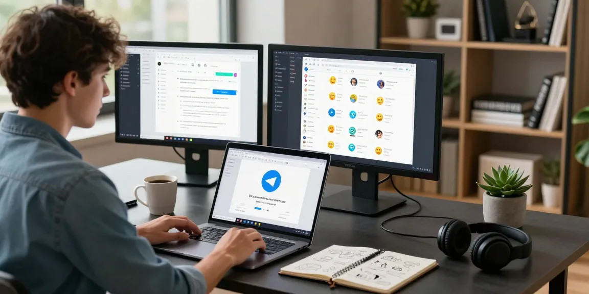 Engage seamlessly on Telegram网页版 in a vibrant, modern workspace with dual screens and collaborative elements.