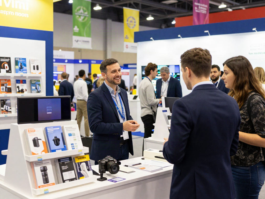 Engaged exhibitors showcasing products at a vibrant tradeshow, highlighting Expositores interaction.