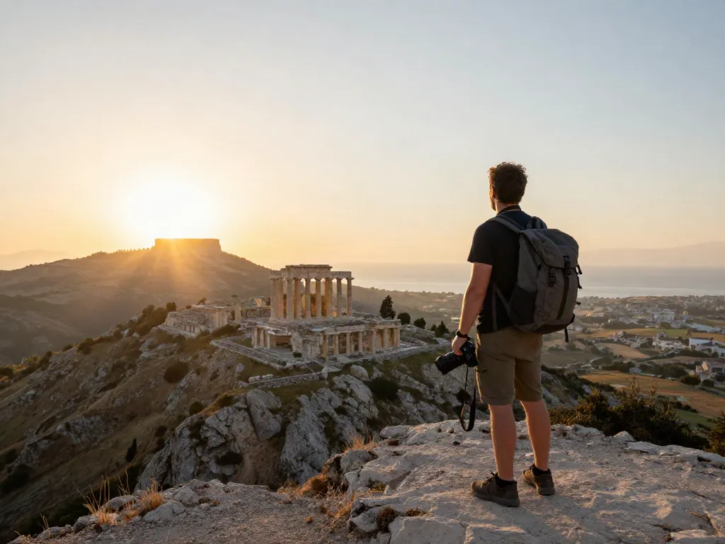 Explorador disfrutando de la vista de los antiguos restos de Syracuse, el-sierakaudalo en un hermoso amanecer.