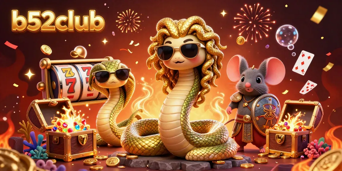 Experience thrilling wins at b52club with a fun-filled casino scene featuring Medusa and a warrior mouse.