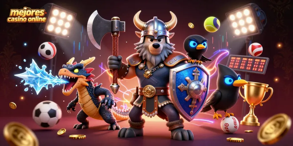 Mejores casinos online: ilustración vibrante con guerrero lobo y dragón en acción de juego.