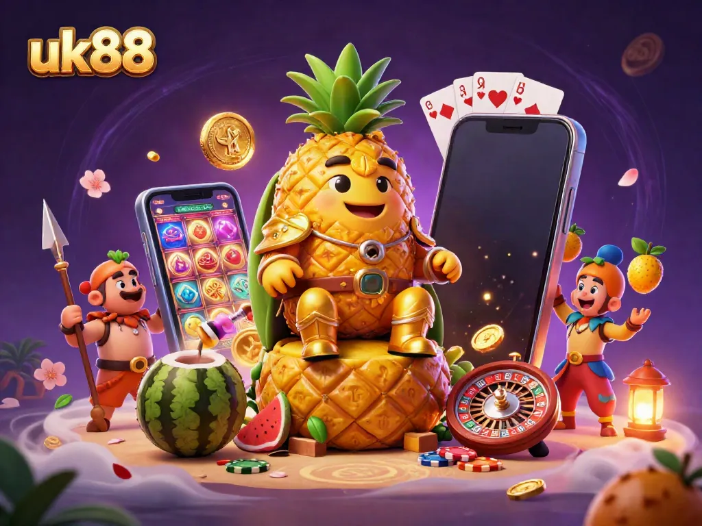 Experience exciting games at uk88 with a vibrant beach casino scene featuring a pineapple king and golden treasures.