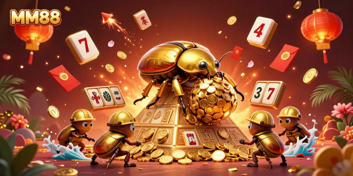 Experience thrilling slots at MM88 with golden coins and festive decorations in this vibrant gaming scene.