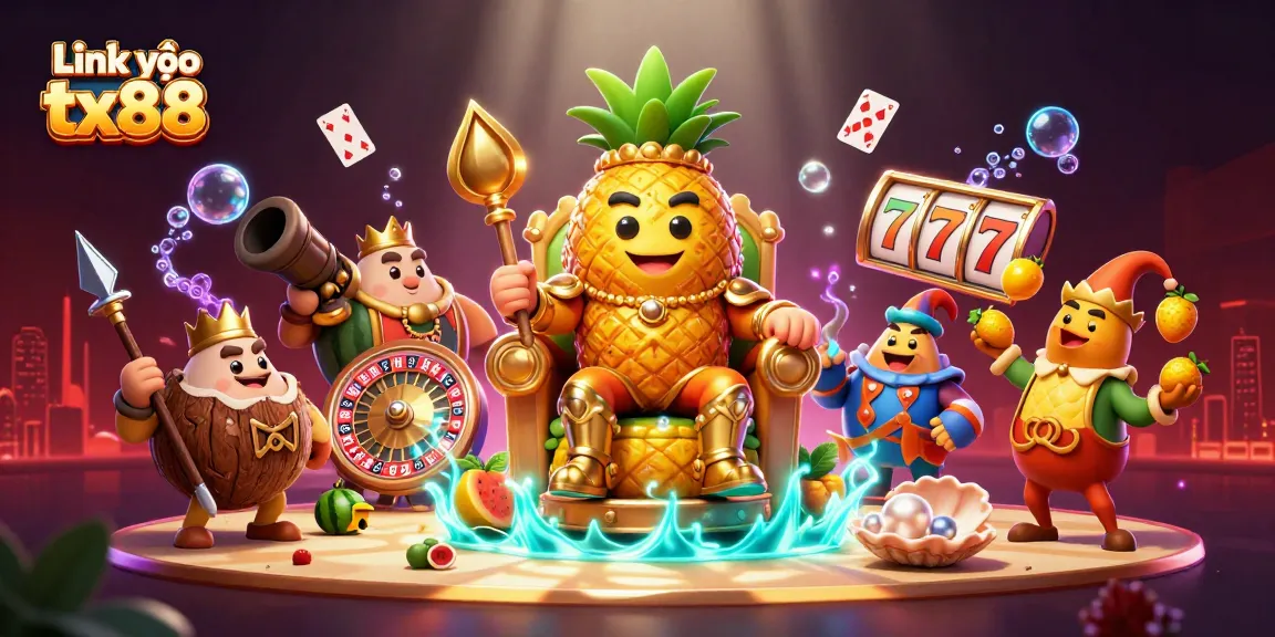 Engage with Link vào tx88 as the pineapple king rules over a vibrant, animated casino scene.