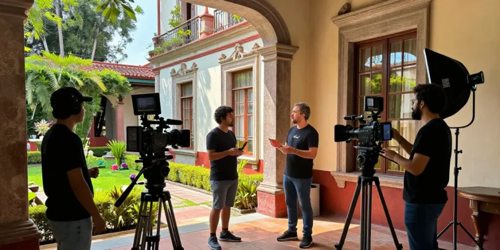Casas para filmaties CDMX in een prachtig historisch gebouw met een filmcrew die een opnameset voorbereidt.