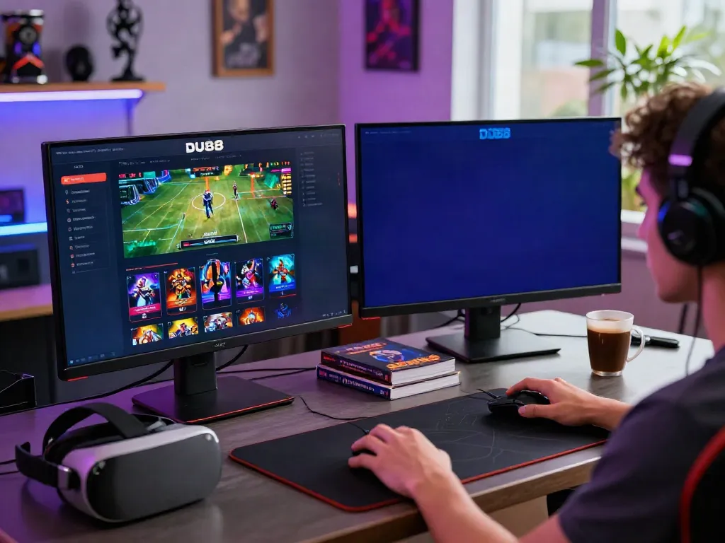 Engaged user on DU88 gaming platform, dual monitors showcasing live bets and vibrant game icons in a cozy gaming setup.