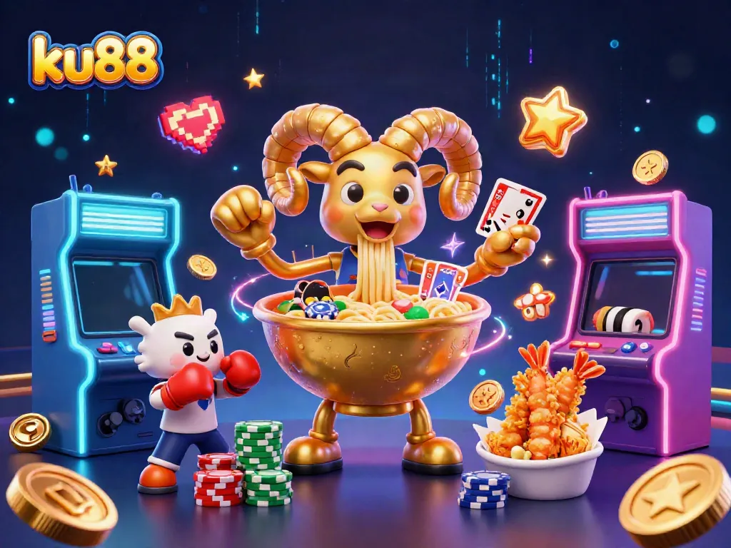 ku88 showcases a vibrant casino scene with a golden ramen bowl character dealing cards surrounded by gaming elements.
