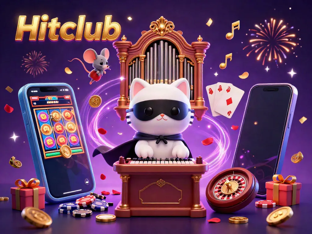 Experience gameplay excitement at Hitclub with a whimsical casino-themed scene featuring a white cat and mouse acrobat.