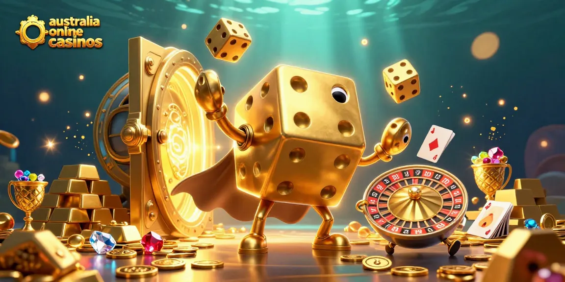 Experience the excitement of australia online casinos with vibrant illustrations of golden dice and jackpots.