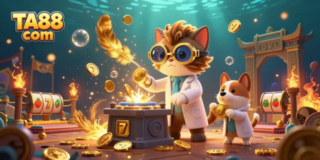 Engage with TA88 com characters in a vibrant casino setting, showcasing gold coins and slot elements.