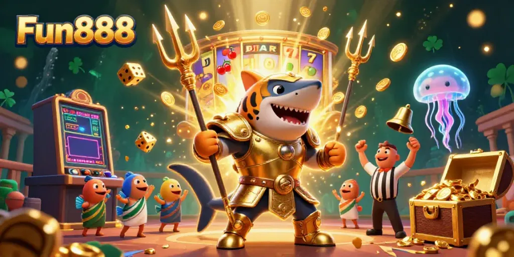 Experience the thrill of Fun888 with vibrant visuals of winning slots, dynamic characters, and an exciting underwater colosseum.