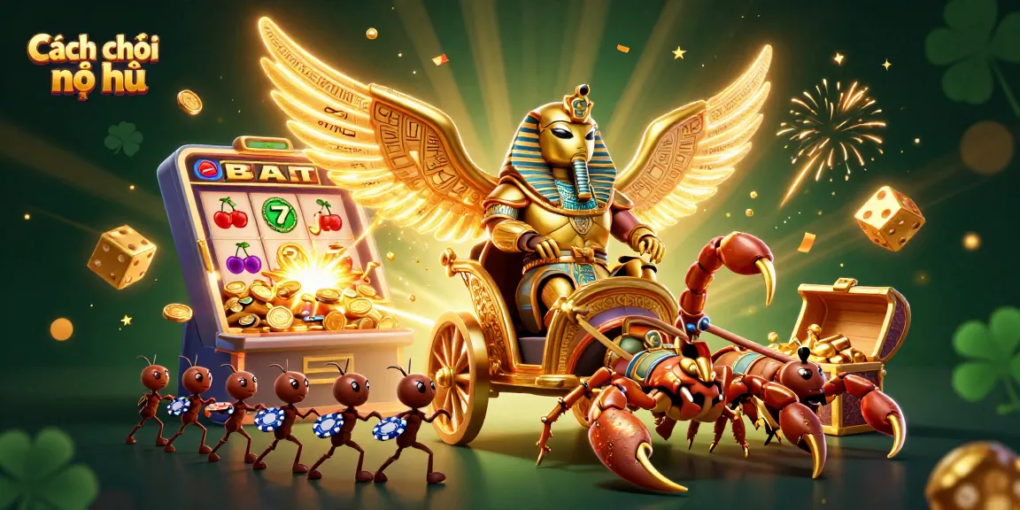 Cách chơi nổ hũ with a golden scarab beetle chariot amidst jackpots and casino excitement