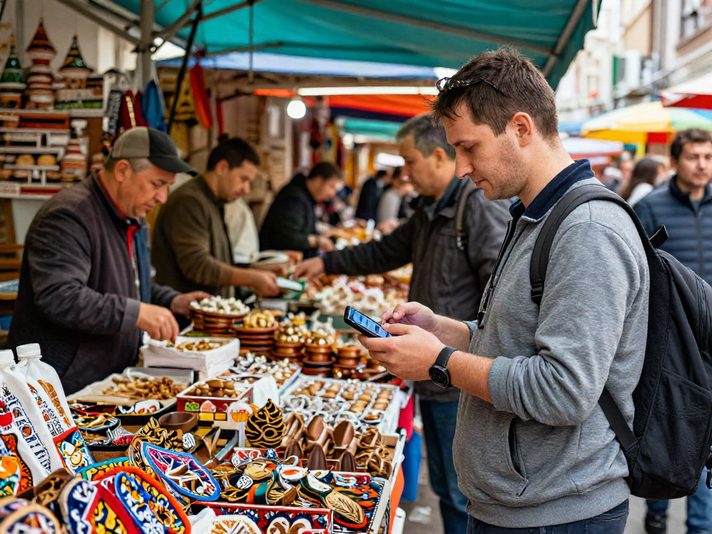 Interacción en el mercado ruso utilizando https://payinrussia.com/ para pagos, vendedores locales y ambiente vibrante.