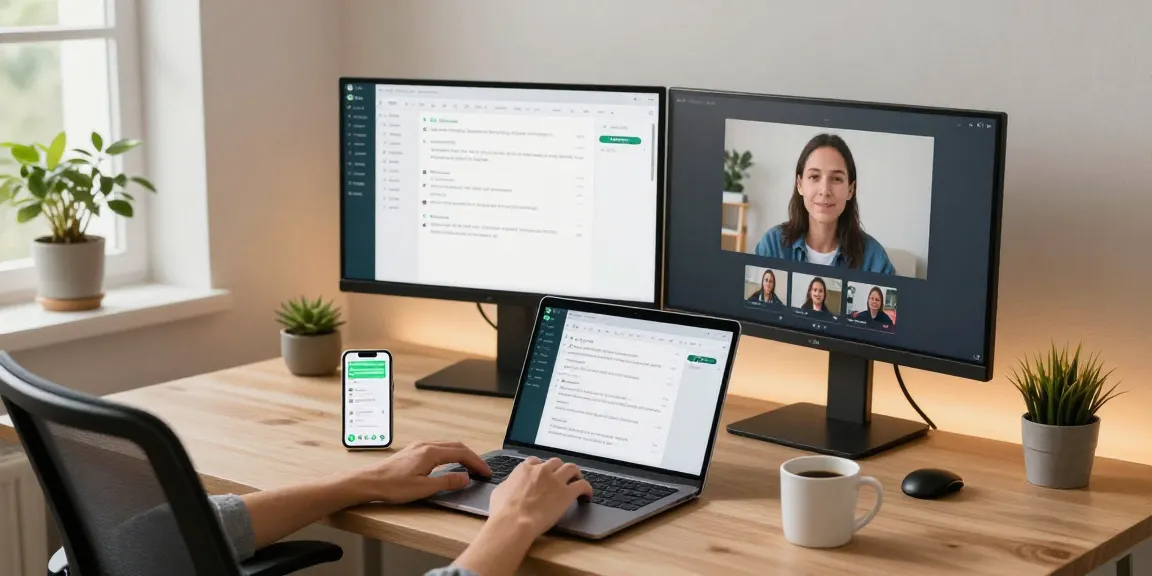 User interacting with WhatsApp電腦版 on a laptop in a modern office