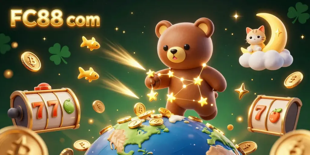 Win big with FC88 com in a vibrant casino scene featuring a constellation bear and golden coins.