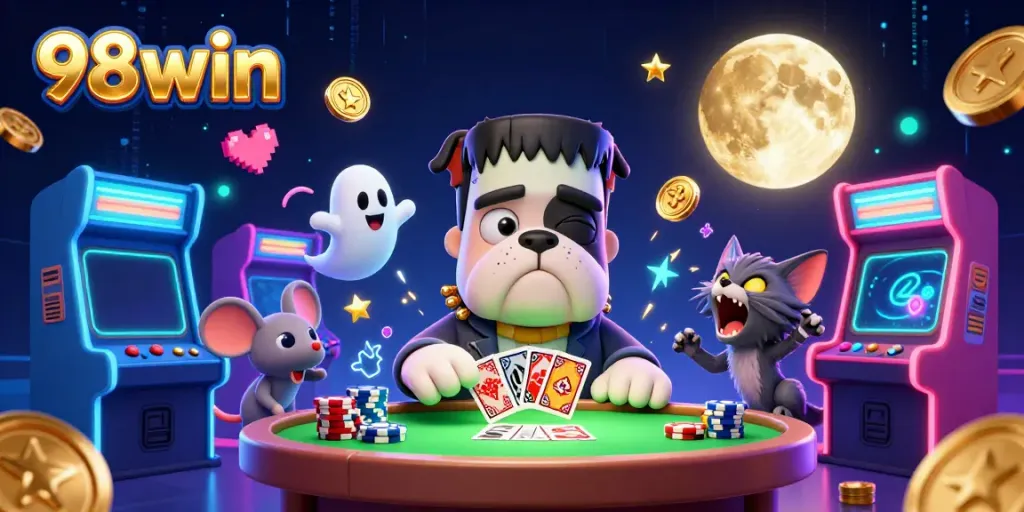 Engage with thrilling games at 98win with a lively casino scene featuring colorful characters and gaming elements.