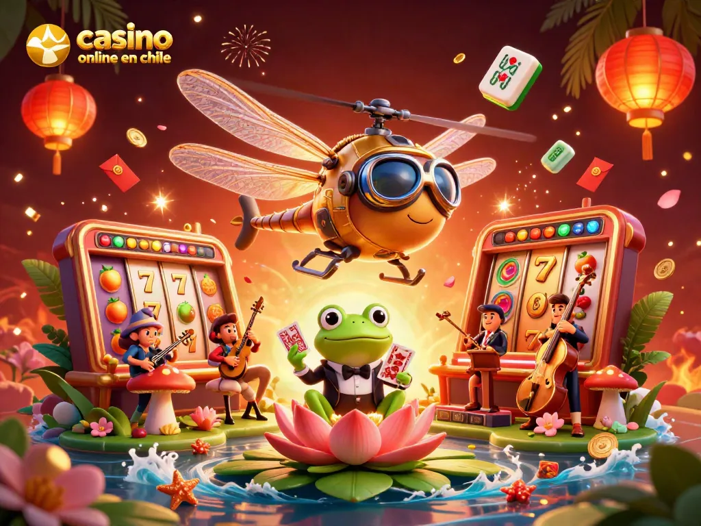 Disfruta del casino online en Chile con una vibrante ilustración 3D de un croupier rana y un piloto de libélula.