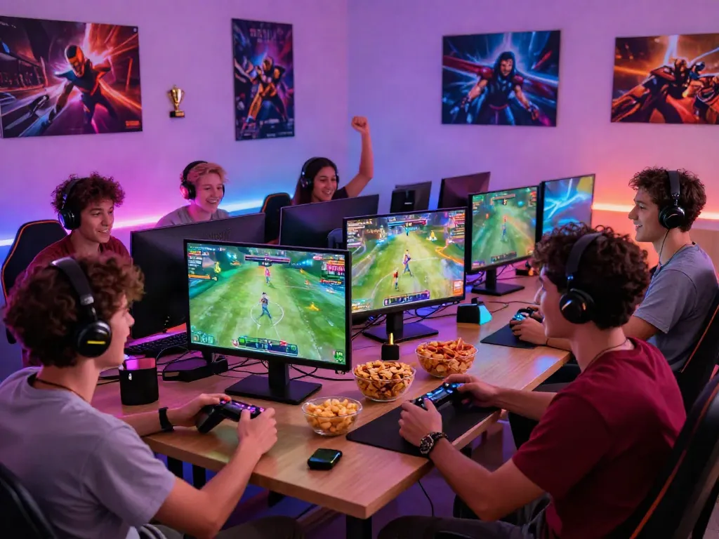 Online gaming enthusiasts enjoying sports games at https://man88.hair/ in a vibrant setting.