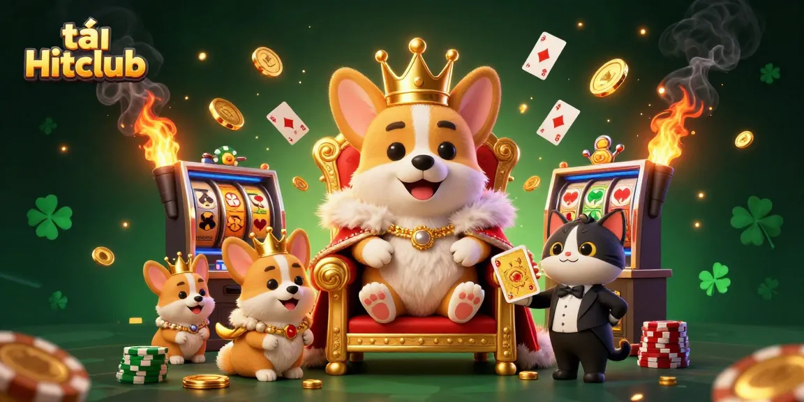 Play and win big with tải Hitclub, featuring a royal corgi, golden card deck, and exciting gaming elements.