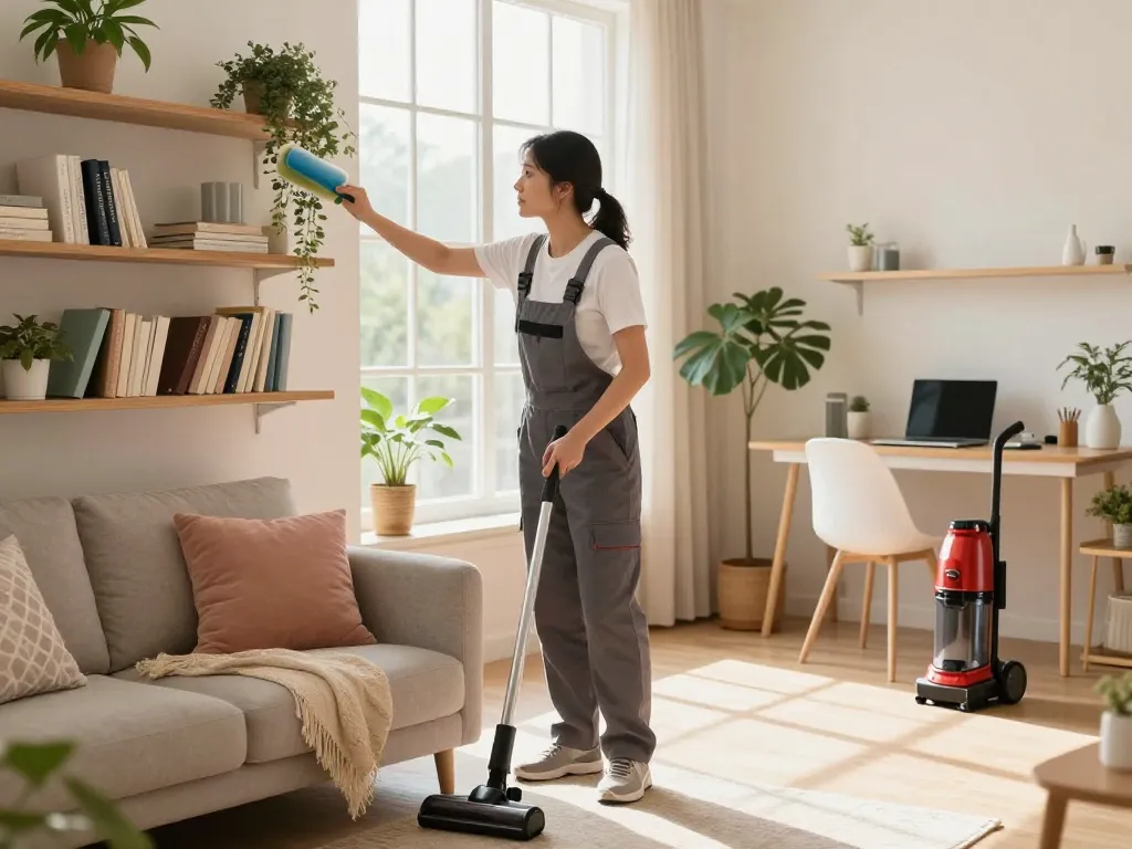 Profesionales del hogar limpiando una sala moderna con suministros ecológicos.