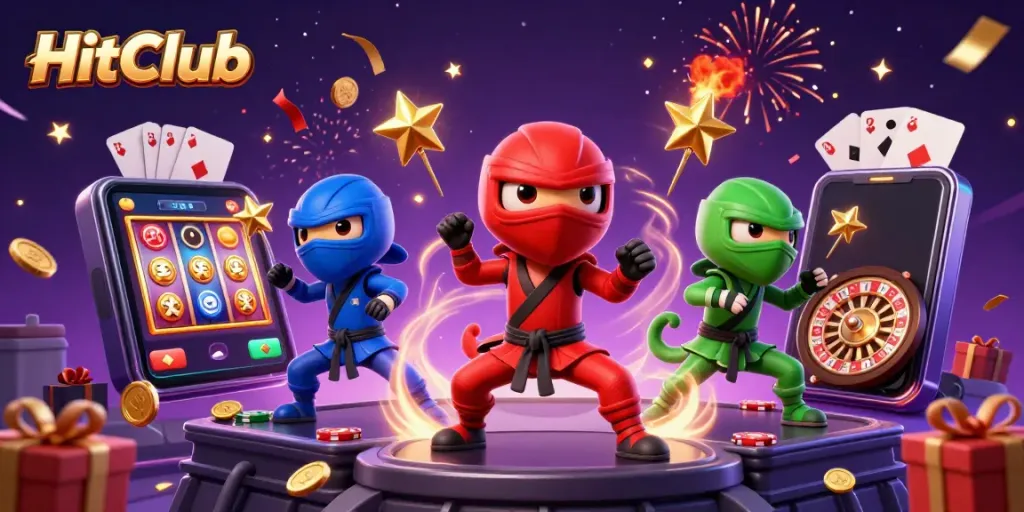 HitClub chameleons compete with slot games and excitement in this vibrant casino illustration.