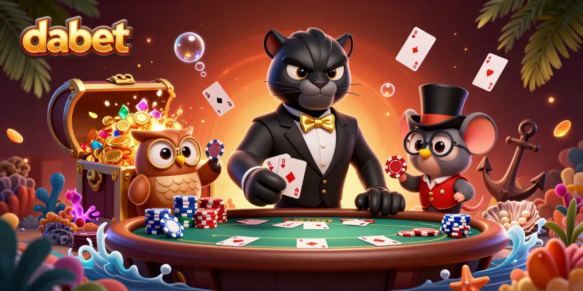 Engage in thrilling poker action at dabet with a stylistic panther dealer, owl and mouse companions.
