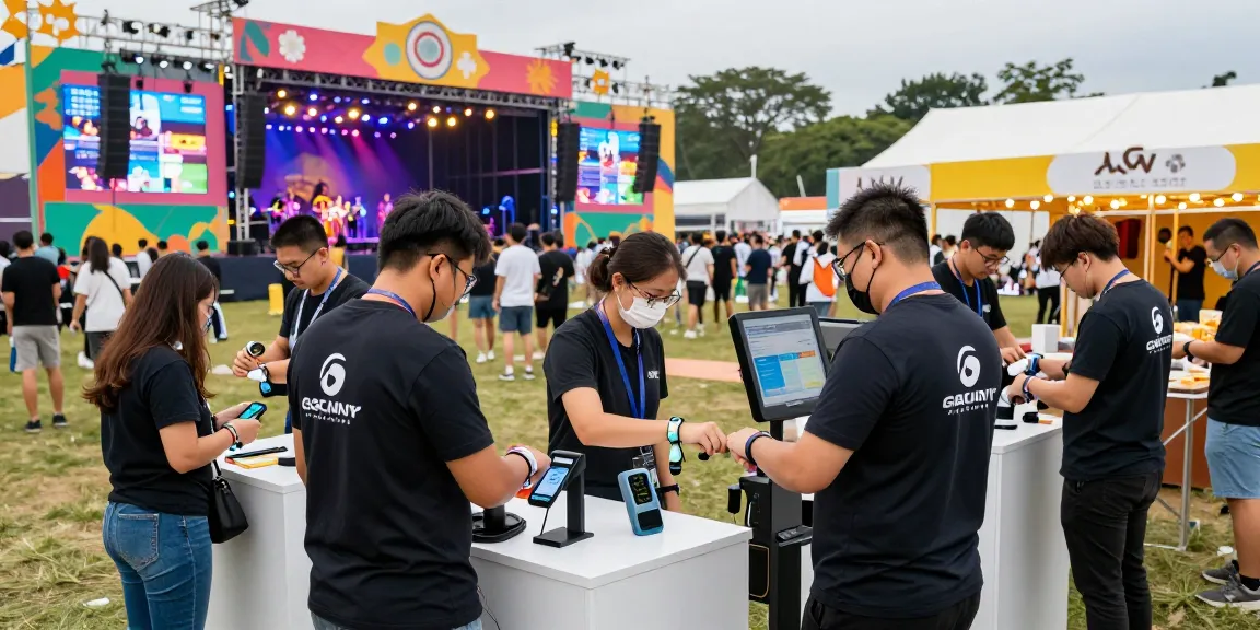 Efficient control de acceso con pulsera con chip at a vibrant outdoor festival, showcasing seamless entry management.
