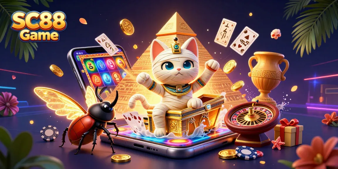 Experience SC88 Game with thrilling casino adventures featuring a mummy cat, scarab, and vibrant slot elements.