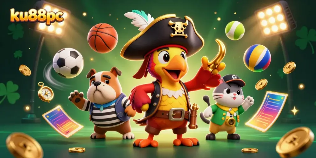 Experience thrilling gaming adventures with ku88pc in this vibrant pirate-themed illustration.