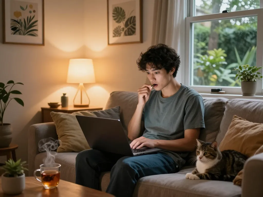 Engaging in NSFW chat on a laptop in a cozy home setting with warm lighting.
