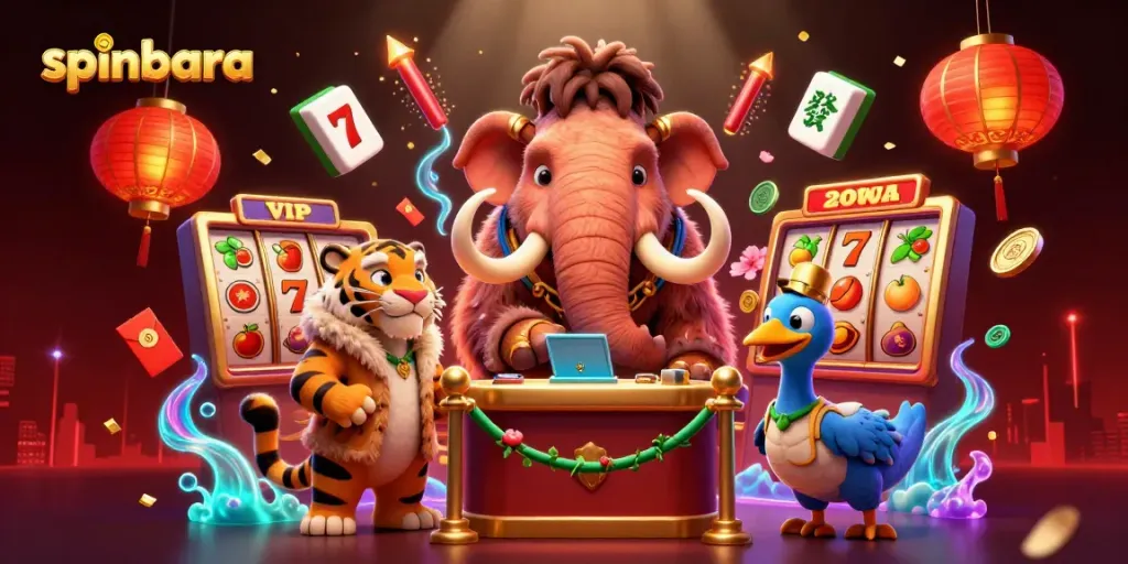 Engage with spinbara's vibrant scene featuring a woolly mammoth bouncer and dynamic casino elements.