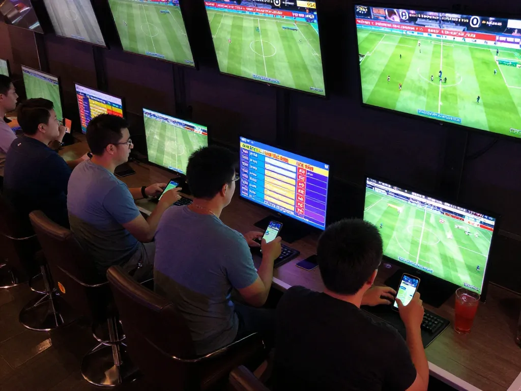 Analyzing tỷ lệ kèo nhà cái in a lively sports betting lounge with friends during live football matches.