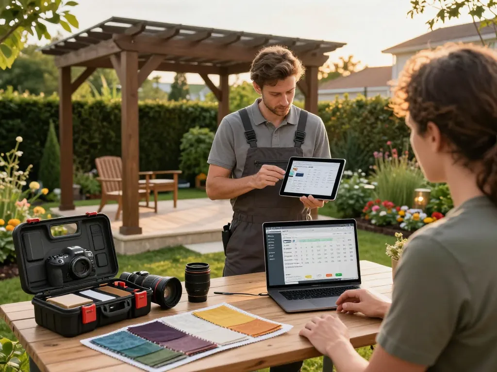 Diseño interactivo de jardines utilizando software para instaladores de pérgolas con instalador profesional y cliente en un entorno de jardín.